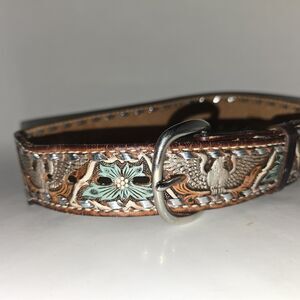 Brazos Joe leather Western belt tooled eagle silver turquoise design sz 26 58763